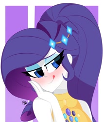 Size: 870x1024 | Tagged: safe, artist:xan-gelx, edit, editor:thomasfan45, character:rarity, species:human, g4, my little pony:equestria girls, abstract background, bare shoulders, blushing, blushing profusely, clothing, cute, digital art, eyeshadow, female, licking, licking lips, lidded eyes, makeup, music festival outfit, ponytail, raribetes, sexy, signature, solo, tongue out