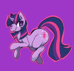 Size: 587x560 | Tagged: safe, artist:mangneto, character:twilight sparkle, species:pony, species:unicorn, female, mare, one eye closed, outline, purple background, simple background, solo, thighlight sparkle