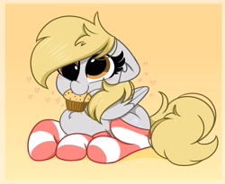 Size: 2800x2300 | Tagged: safe, artist:kittyrosie, character:derpy hooves, species:pegasus, species:pony, g4, blushing, clothing, cute, dawwww, derpabetes, female, floppy ears, food, heart, high res, mare, mouth hold, muffin, orange background, simple background, socks, solo, striped socks