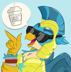 Size: 693x699 | Tagged: safe, artist:rutkotka, character:gallus, species:griffon, episode:the last problem, g4, my little pony: friendship is magic, armor, blue background, coffee, glasses, male, royal guard, royal guard gallus, simple background, smiling, solo, sunglasses
