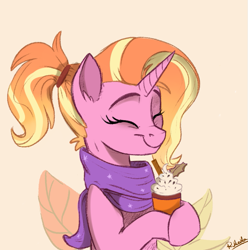 Size: 693x699 | Tagged: safe, artist:rutkotka, character:luster dawn, species:pony, species:unicorn, g4, clothing, coffee, cute, eyes closed, female, food, latte, mare, scarf, smiling, solo, warm