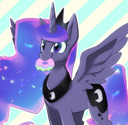 Size: 820x803 | Tagged: safe, artist:hosikawa, character:princess luna, species:alicorn, species:pony, g4, abstract background, cute, donut, female, food, food in mouth, lunabetes, mare, mouth hold, smiling, solo, spread wings, wings