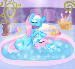Size: 800x737 | Tagged: safe, artist:steeve, character:aloe, character:lotus blossom, species:earth pony, species:pony, g4, bath, cropped, eyes closed, female, mare, mouth hold, shampoo, spa, spa twins, water, wet mane