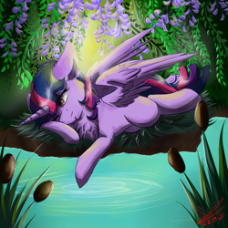 Size: 1235x1235 | Tagged: safe, artist:yuris, character:twilight sparkle, character:twilight sparkle (alicorn), species:alicorn, species:pony, g4, chest fluff, forest, lake, reeds, solo, water