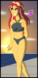 Size: 1000x2019 | Tagged: safe, artist:physicrodrigo, part of a set, character:sunset shimmer, species:eqg human, g4, my little pony:equestria girls, beach, belly button, bikini, breasts, busty sunset shimmer, clothing, commission, ear piercing, earring, female, geode of empathy, grin, human to pony, imminent transformation, jewelry, looking up, magical geodes, midriff, ocean, piercing, potion, smiling, solo, story included, sun, sunset, swimsuit, the conversion bureau, thrown, transformation, transformation sequence, vial, walking, walkway
