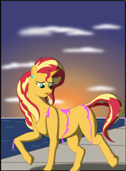 Size: 2295x3122 | Tagged: safe, artist:physicrodrigo, part of a set, character:sunset shimmer, species:pony, species:unicorn, g4, my little pony:equestria girls, beach, blank flank, commission, dismay, dock, dripping, ear piercing, earring, female, high res, human to pony, jewelry, looking at self, looking down, mare, ocean, open mouth, piercing, potion, raised hoof, solo, story included, sun, sunset, the conversion bureau, transformation, transformation sequence, transformed, walkway