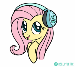 Size: 1280x1150 | Tagged: safe, artist:redpalette, character:fluttershy, species:pony, g4, bust, cute, female, headphones, looking at you, mare, open mouth, portrait, shyabetes, simple background, smiling, solo, three quarter view, white background
