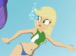 Size: 2430x1789 | Tagged: safe, artist:physicrodrigo, edit, character:applejack, character:rarity, species:eqg human, series:equestria mermaids, g4, my little pony:equestria girls, belly button, bikini, blue underwear, bubble, clothing, cropped, high res, mermaid, mermaidized, midriff, ocean, panties, solo, solo focus, species swap, swimsuit, underwater, underwear, webbed fingers