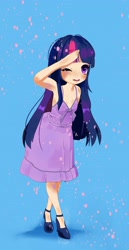 Size: 2153x4162 | Tagged: safe, artist:sorasku, character:twilight sparkle, species:human, g4, anime, anime style, blue background, clothing, cute, dress, humanized, simple background, solo, twiabetes