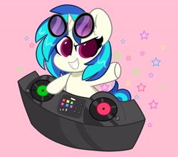Size: 3300x2900 | Tagged: safe, artist:kittyrosie, character:dj pon-3, character:vinyl scratch, species:pony, species:unicorn, g4, colored pupils, cute, dj booth, ear fluff, female, high res, mare, pink background, record, simple background, smiling, solo, stars, turntable, vinylbetes
