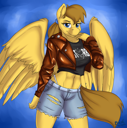 Size: 3316x3335 | Tagged: safe, artist:brushstroke, oc, species:anthro, species:pegasus, species:pony, g4, abs, belly button, clothing, commission, ear fluff, female, jacket, looking at you, midriff, panties, pegasus oc, shirt, shorts, smiling, smiling at you, solo, thong, underwear, wings