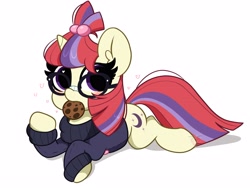 Size: 4096x3072 | Tagged: safe, artist:kittyrosie, character:moondancer, species:pony, species:unicorn, g4, blushing, clothing, cookie, cute, food, glasses, looking at you, mouth hold, simple background, white background