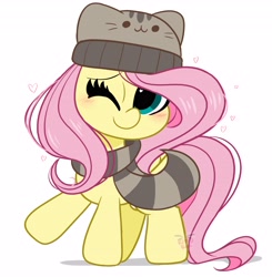 Size: 4012x4096 | Tagged: safe, artist:kittyrosie, character:fluttershy, species:pegasus, species:pony, g4, blushing, cap, clothing, cute, hat, looking at you, one eye closed, pusheen, scarf, shyabetes, simple background, solo, white background, winter cap