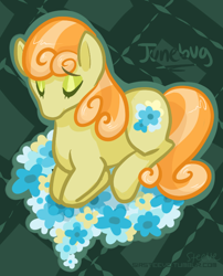 Size: 578x715 | Tagged: safe, artist:steeve, character:junebug, species:earth pony, species:pony, g4, abstract background, cropped, eyes closed, female, flower, mare, prone, solo