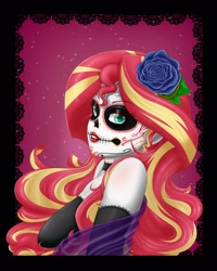Size: 1638x2048 | Tagged: safe, artist:albertbm, character:sunset shimmer, g4, my little pony:equestria girls, bust, choker, clothing, costume, dia de los muertos, female, halloween, halloween costume, holiday, lipstick, makeup, skeleton costume, solo