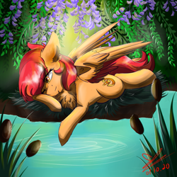 Size: 1235x1235 | Tagged: safe, artist:yuris, oc, oc only, species:pegasus, species:pony, g4, chest fluff, forest, lake, reeds, solo