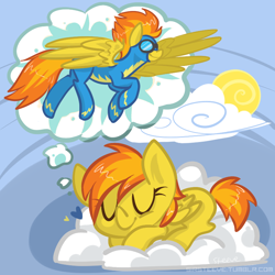 Size: 800x800 | Tagged: safe, artist:steeve, character:spitfire, species:pegasus, species:pony, blank flank, clothing, cloud, cropped, dream, eyes closed, female, filly, flying, foal, goggles, hooves, lying down, mare, on a cloud, prone, sleeping, solo, uniform, wings, wonderbolts, wonderbolts uniform