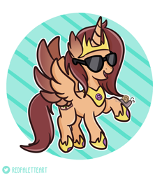 Size: 1200x1351 | Tagged: safe, artist:redpalette, oc, species:alicorn, species:pony, g4, alicorn oc, crown, flying, horn, jewelry, regalia, smiling, sunglasses, swag, wings