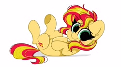 Size: 4096x2284 | Tagged: safe, artist:kittyrosie, character:sunset shimmer, species:pony, species:unicorn, g4, my little pony:equestria girls, blushing, cute, ear fluff, looking at you, lying down, on back, shimmerbetes, simple background, solo, white background