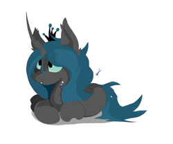 Size: 3552x2952 | Tagged: safe, artist:groomlake, character:queen chrysalis, species:changeling, species:pony, g4, changeling queen, colored, crown, curved horn, cute, cutealis, female, horn, jewelry, love, lying down, mare, regalia, simple, simple background, solo, spots, white background