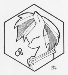 Size: 905x1000 | Tagged: safe, artist:abronyaccount, oc, oc only, oc:azura peavielle, species:pony, inktober, g4, black and white, bust, cutie mark, female, grayscale, head only, hexagon, ink, ink drawing, inktober 2020, logo, mare, monochrome, necktie, signature, traditional art