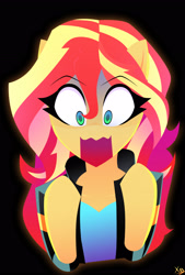 Size: 2130x3156 | Tagged: safe, artist:xan-gelx, character:sunset shimmer, species:pony, g4, my little pony:equestria girls, black background, cute, hooves, human to pony, missing horn, open mouth, panic, shimmerbetes, shocked, simple background, solo, transformation, wide eyes