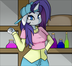 Size: 1503x1385 | Tagged: safe, artist:caoscore, character:rarity, species:anthro, species:unicorn, g4, alternate hairstyle, backwards ballcap, baseball cap, cap, clothing, colored eyebrows, colored pupils, disguise, eyebrows, female, hat, looking at you, mare, plainity, solo