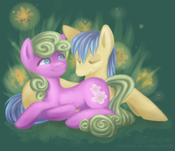 Size: 766x662 | Tagged: safe, artist:steeve, character:daisy, character:goldengrape, species:earth pony, species:pony, ship:daisygrape, g4, female, male, mare, prone, rarepair, shipping, stallion, straight