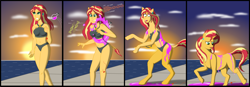 Size: 5733x2000 | Tagged: safe, artist:physicrodrigo, part of a set, character:sunset shimmer, species:pony, species:unicorn, g4, my little pony:equestria girls, beach, belly button, bikini, blank flank, breasts, busty sunset shimmer, clothing, commission, disappearing clothes, dismay, dna, dock, dripping, dropping, ear piercing, earring, erect nipples, female, geode of empathy, grin, gritted teeth, high res, hitting, human to pony, jewelry, looking at self, looking down, looking up, magical geodes, mare, midriff, nipple outline, ocean, open mouth, piercing, potion, puddle, raised hoof, shocked, shrunken pupils, smiling, solo, splashing, sun, sunset, surprised, swimsuit, thrown, transformation, transformation sequence, vial, walking, walkway, wet, wide eyes