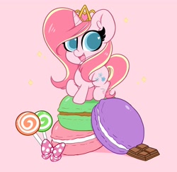 Size: 3600x3500 | Tagged: safe, artist:kittyrosie, oc, oc only, species:pony, species:unicorn, g4, candy, chocolate, ear fluff, female, food, high res, jewelry, lollipop, macaron, mare, raised hoof, raised leg, smiling, sweets, tiara