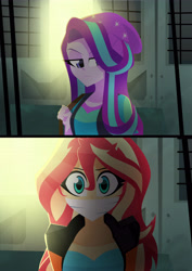 Size: 3949x5574 | Tagged: safe, artist:xan-gelx, character:starlight glimmer, character:sunset shimmer, species:eqg human, g4, my little pony:equestria girls, absurd resolution, backpack, beanie, cloth gag, clothing, commission, duo, gag, hat, lidded eyes