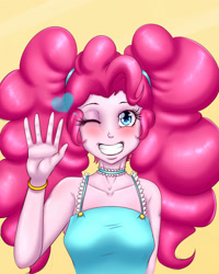 Size: 2000x2500 | Tagged: safe, artist:albertbm, character:pinkie pie, species:eqg human, g4, my little pony:equestria girls, alternate hairstyle, blushing, cute, diapinkes, grin, jewelry, necklace, one eye closed, pigtails, smiling, solo