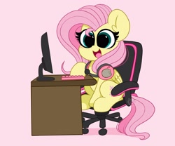 Size: 4096x3413 | Tagged: safe, artist:kittyrosie, character:fluttershy, species:pegasus, species:pony, g4, blushing, chair, computer, cute, desk, female, gamershy, headphones, headset, keyboard, mare, monitor, open mouth, pink background, pusheen, shyabetes, simple background, sitting, smiling, solo