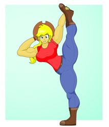 Size: 1859x2184 | Tagged: safe, artist:matchstickman, character:applejack, species:human, g4, applejacked, blue background, breasts, busty applejack, clothing, cowboy hat, hat, humanized, looking at you, muscles, out of frame, pants, pose, simple background, solo, stetson, white border
