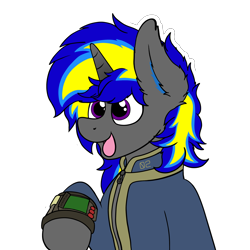 Size: 3000x3000 | Tagged: safe, artist:aaathebap, oc, oc only, oc:rapid shadow, species:pony, species:unicorn, fallout equestria, g4, clothing, cute, ear fluff, flower, fluffy, happy, male, pipboy, simple background, smiling, transparent background