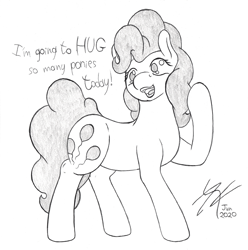 Size: 1401x1412 | Tagged: safe, artist:parallel black, character:pinkie pie, species:earth pony, species:pony, g4, chubby, dialogue, happy, monochrome, sketch, solo, traditional art