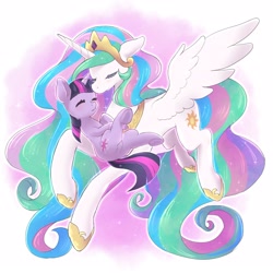 Size: 1600x1600 | Tagged: safe, artist:ayahana, character:princess celestia, character:twilight sparkle, character:twilight sparkle (unicorn), species:alicorn, species:pony, species:unicorn, g4, duo, eyes closed, female, mare, momlestia, spread wings, wings