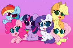 Size: 4096x2703 | Tagged: safe, artist:kittyrosie, character:applejack, character:fluttershy, character:pinkie pie, character:rainbow dash, character:rarity, character:twilight sparkle, character:twilight sparkle (alicorn), species:alicorn, species:earth pony, species:pegasus, species:pony, species:unicorn, g4, anniversary, applejack's hat, blushing, clothing, colored pupils, cowboy hat, gradient background, grin, happy birthday mlp:fim, hat, high res, mane six, mlp fim's tenth anniversary, open mouth, pink background, simple background, smiling, teeth