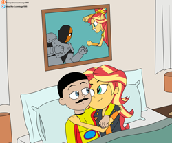 Size: 6000x5000 | Tagged: safe, artist:eagc7, character:sunset shimmer, oc, species:eqg human, g4, my little pony:equestria girls, bedroom, canon x oc, commission, dc comics, deathstroke, female, male, shipping, straight