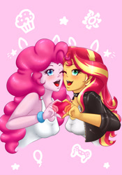 Size: 2100x3000 | Tagged: safe, alternate version, artist:albertbm, character:pinkie pie, character:sunset shimmer, species:eqg human, ship:sunsetpie, g4, my little pony:equestria girls, blushing, implied shipping