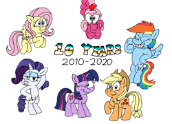 Size: 3099x2234 | Tagged: safe, artist:dragonboi471, character:applejack, character:fluttershy, character:pinkie pie, character:rainbow dash, character:rarity, character:twilight sparkle, character:twilight sparkle (unicorn), species:pony, species:unicorn, g4, happy birthday mlp:fim, mane six, mlp fim's tenth anniversary, simple background, white background