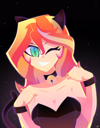 Size: 2448x3126 | Tagged: safe, artist:xan-gelx, character:sunset shimmer, species:human, g4, my little pony:equestria girls, bare shoulders, breasts, busty sunset shimmer, cat, cat ears, catgirl, cleavage, clothing, digital art, female, high res, one eye closed, sexy, shoulderless, sleeveless, slit eyes, smiling, solo, strapless, wink