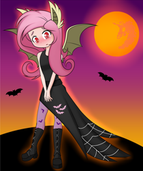 Size: 2600x3100 | Tagged: safe, artist:caoscore, character:flutterbat, character:fluttershy, species:bat pony, species:human, g4, bat ponified, blushing, boots, clothing, costume, eared humanization, fake ears, fake wings, flutterbat costume, halloween, holiday, humanized, mare in the moon, moon, race swap, shoes, stockings, thigh highs, winged humanization, wings