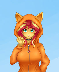 Size: 1800x2200 | Tagged: safe, artist:albertbm, character:sunset shimmer, species:eqg human, g4, my little pony:equestria girls, breasts, busty sunset shimmer, clothing, collar, costume, cute, eye clipping through hair, female, hoodie, kigurumi, looking at you, shimmerbetes, solo