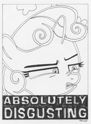 Size: 880x1200 | Tagged: safe, artist:abronyaccount, character:sweetie belle, species:pony, inktober, episode:the big mac question, g4, my little pony: friendship is magic, absolutely disgusting, black and white, disgusted, faec, female, grayscale, ink drawing, inktober 2020, lettering, mare, meme, monochrome, reaction image, signature, solo, trace, traditional art
