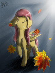 Size: 1021x1343 | Tagged: safe, artist:yuris, character:fluttershy, species:pegasus, species:pony, g4, leaves, leaves in hair, rain, smiley face, solo