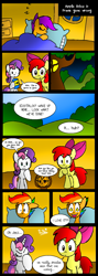 Size: 571x1600 | Tagged: safe, artist:neoncabaret, character:apple bloom, character:scootaloo, character:sweetie belle, species:earth pony, species:pegasus, species:pony, species:unicorn, comic:apple bites, comic, cutie mark crusaders, facehoof, female, filly, hair dye