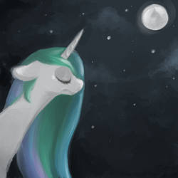 Size: 800x800 | Tagged: safe, artist:steeve, character:princess celestia, species:alicorn, species:pony, g4, cropped, eyes closed, female, mare, moon, night, sad, solo, stars
