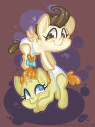 Size: 548x734 | Tagged: safe, artist:steeve, character:pound cake, character:pumpkin cake, species:pegasus, species:pony, species:unicorn, episode:baby cakes, g4, my little pony: friendship is magic, abstract background, baby, baby pony, cake twins, colt, cropped, diaper, diapered, diapered colt, diapered filly, diapered foals, female, filly, male, one month old colt, one month old filly, one month old foals, white diapers