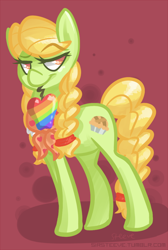 Size: 570x848 | Tagged: safe, artist:steeve, character:granny smith, species:earth pony, species:pony, abstract background, cropped, female, mare, mouth hold, solo, young granny smith, zap apple